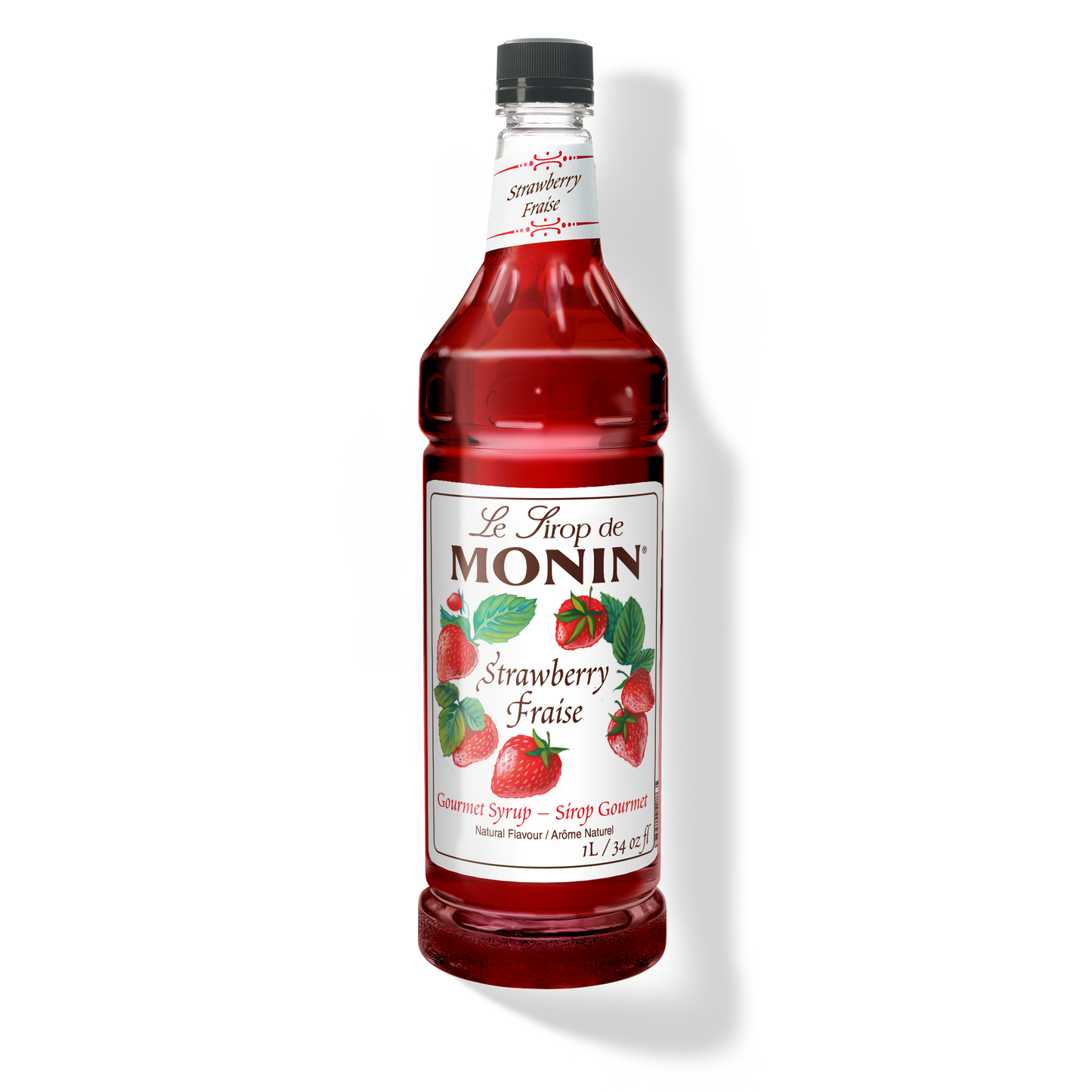 A 1L-bottle of Monin Strawberry Syrup with a label showing the brand name and the flavor, placed against a white background.
