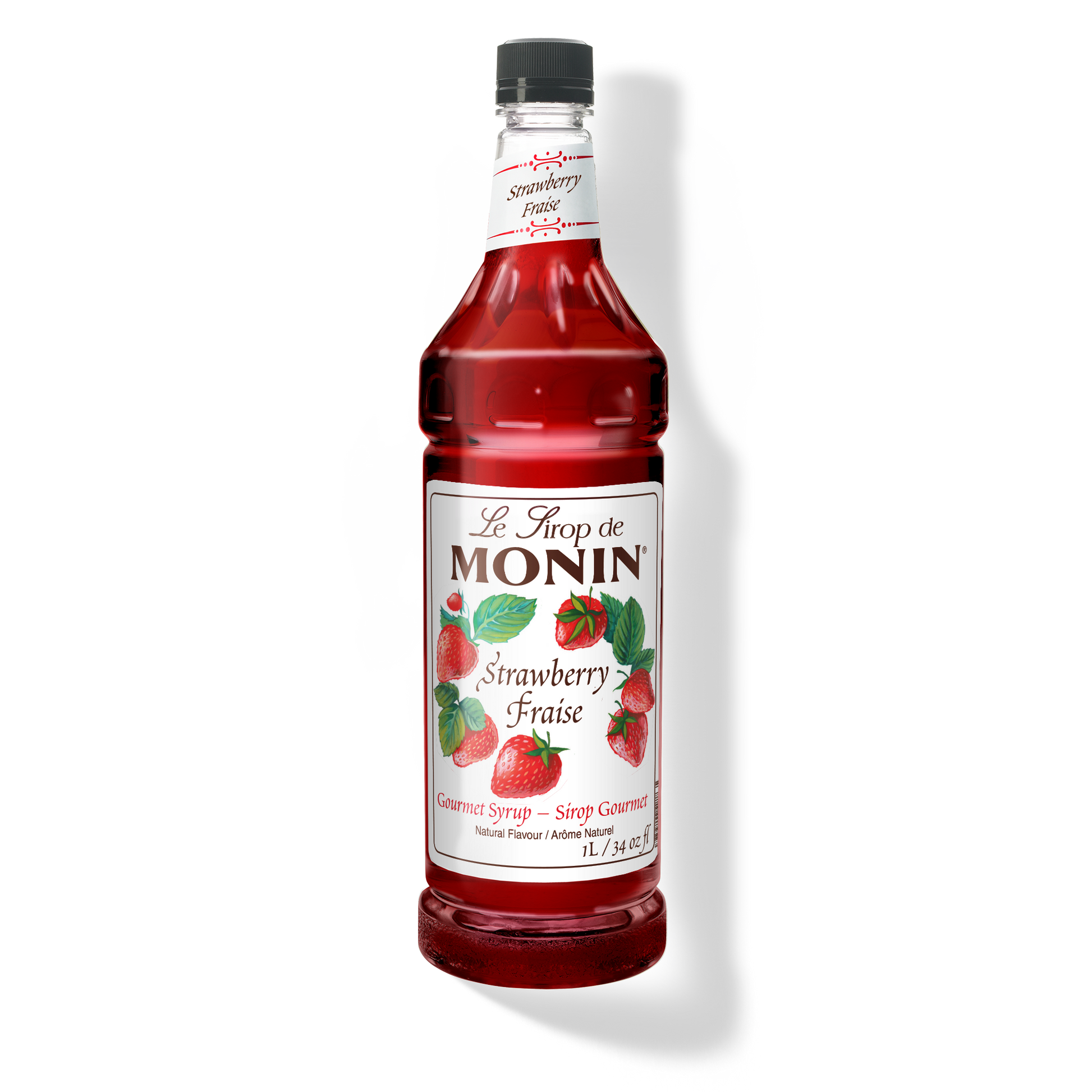A 1L-bottle of Monin Strawberry Syrup with a label showing the brand name and the flavor, placed against a white background.
