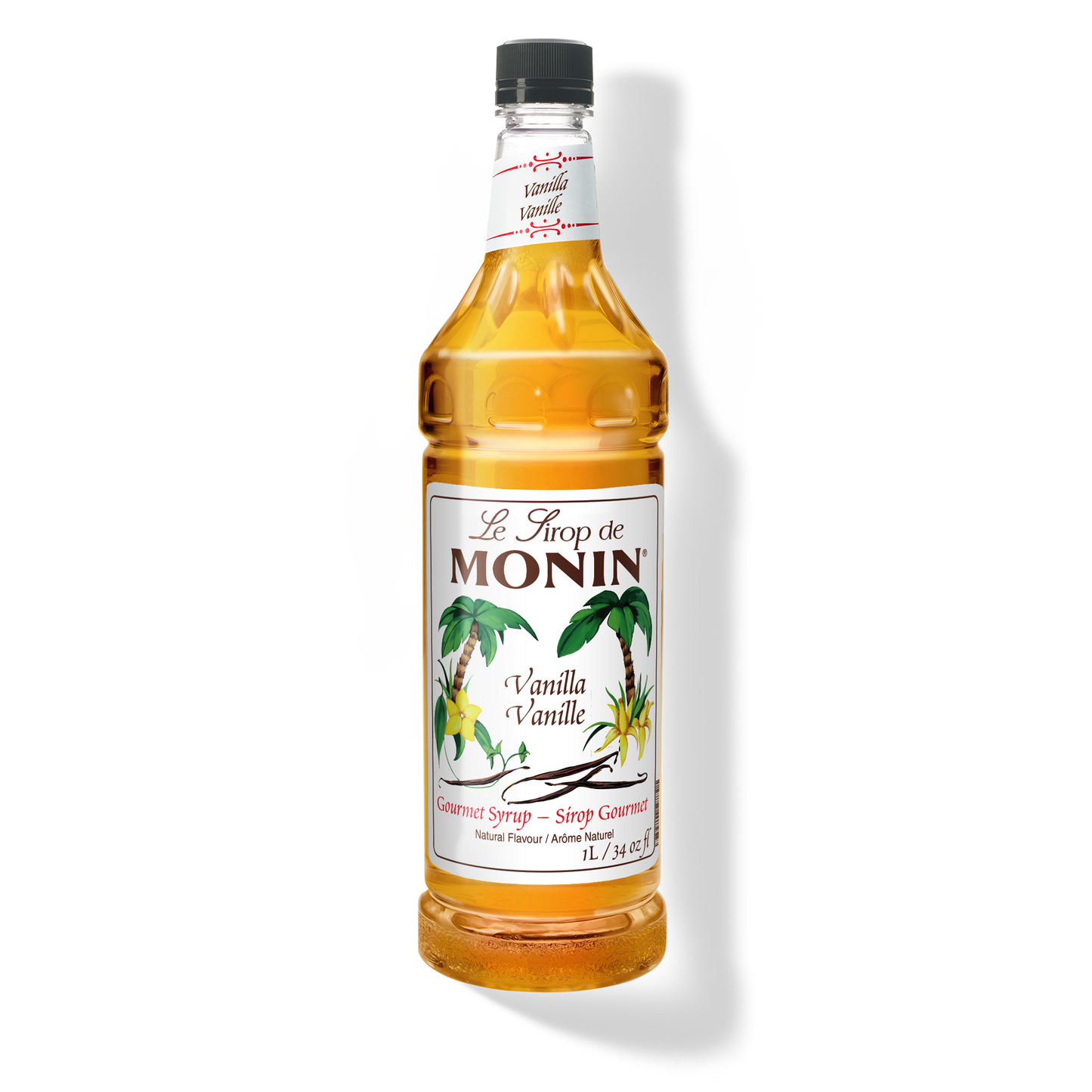 A 1L-bottle of Monin Strawberry Syrup with a label showing the brand name and the flavor, placed against a white background.