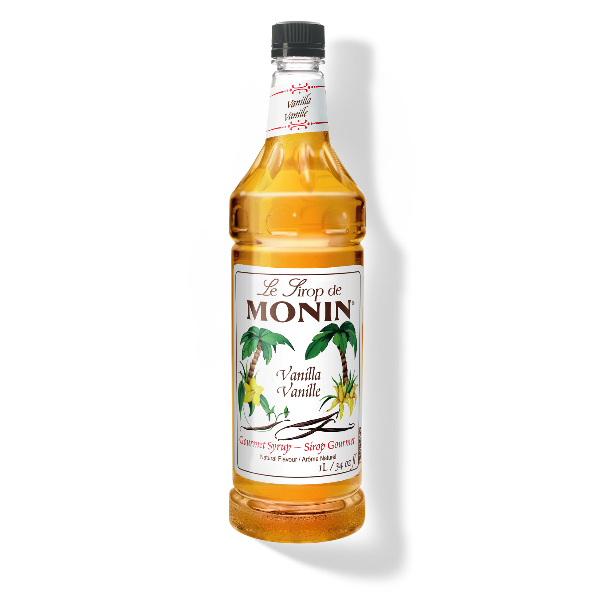 A 1L-bottle of Monin Strawberry Syrup with a label showing the brand name and the flavor, placed against a white background.