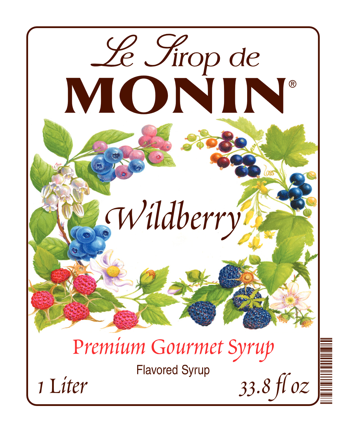 Front label of Monin Wildberry Syrup, featuring the brand name and flavour, placed against a white background
