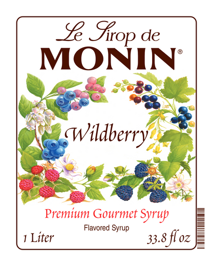 Front label of Monin Wildberry Syrup, featuring the brand name and flavour, placed against a white background
