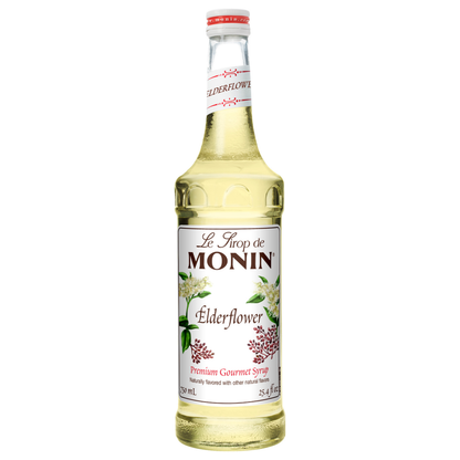 Monin elderflower syrup on a white background 