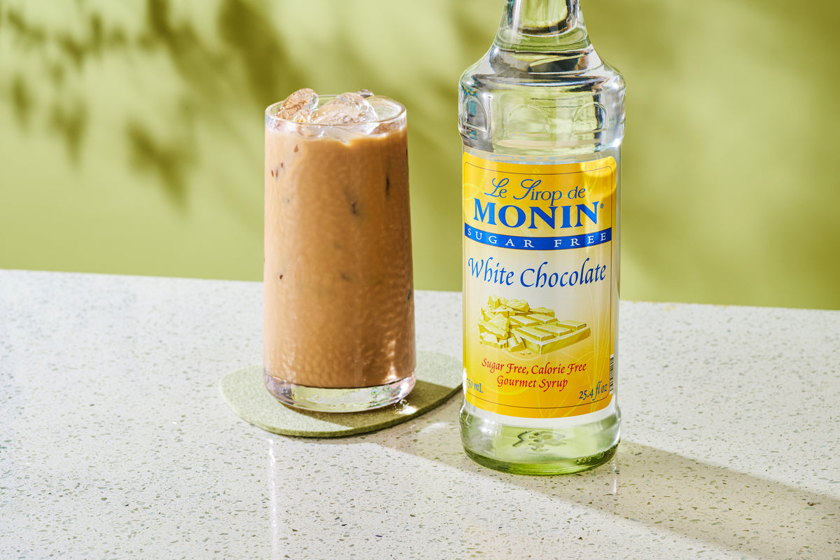 Monin Sugar Free White Chocolate Syrup with iced coffee