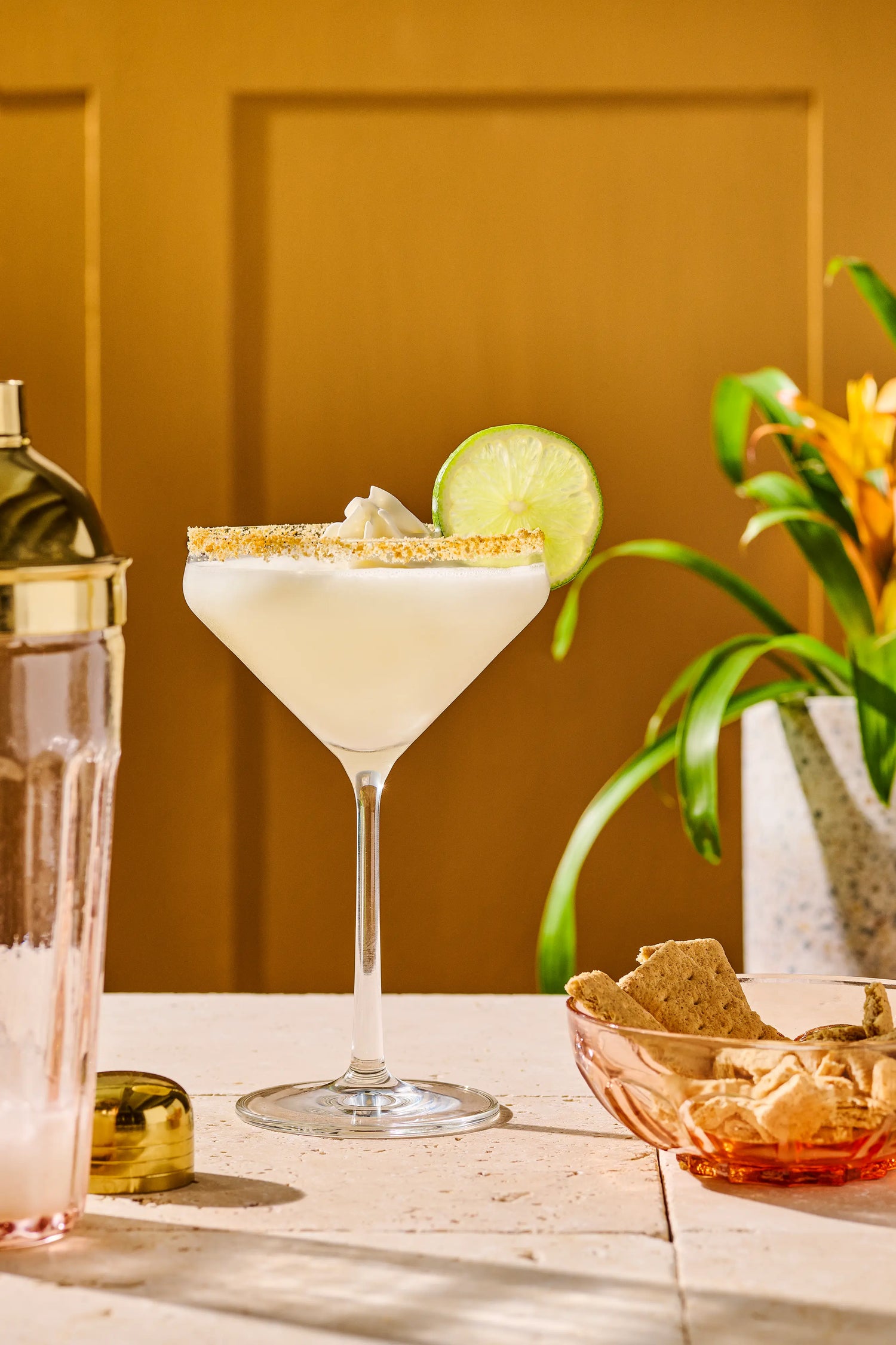 A creamy white mocktail in a martini glass, rimmed with a golden spice mixture and garnished with a lime wheel and whipped cream, set against a warm brown background with a shaker and green plant visible.