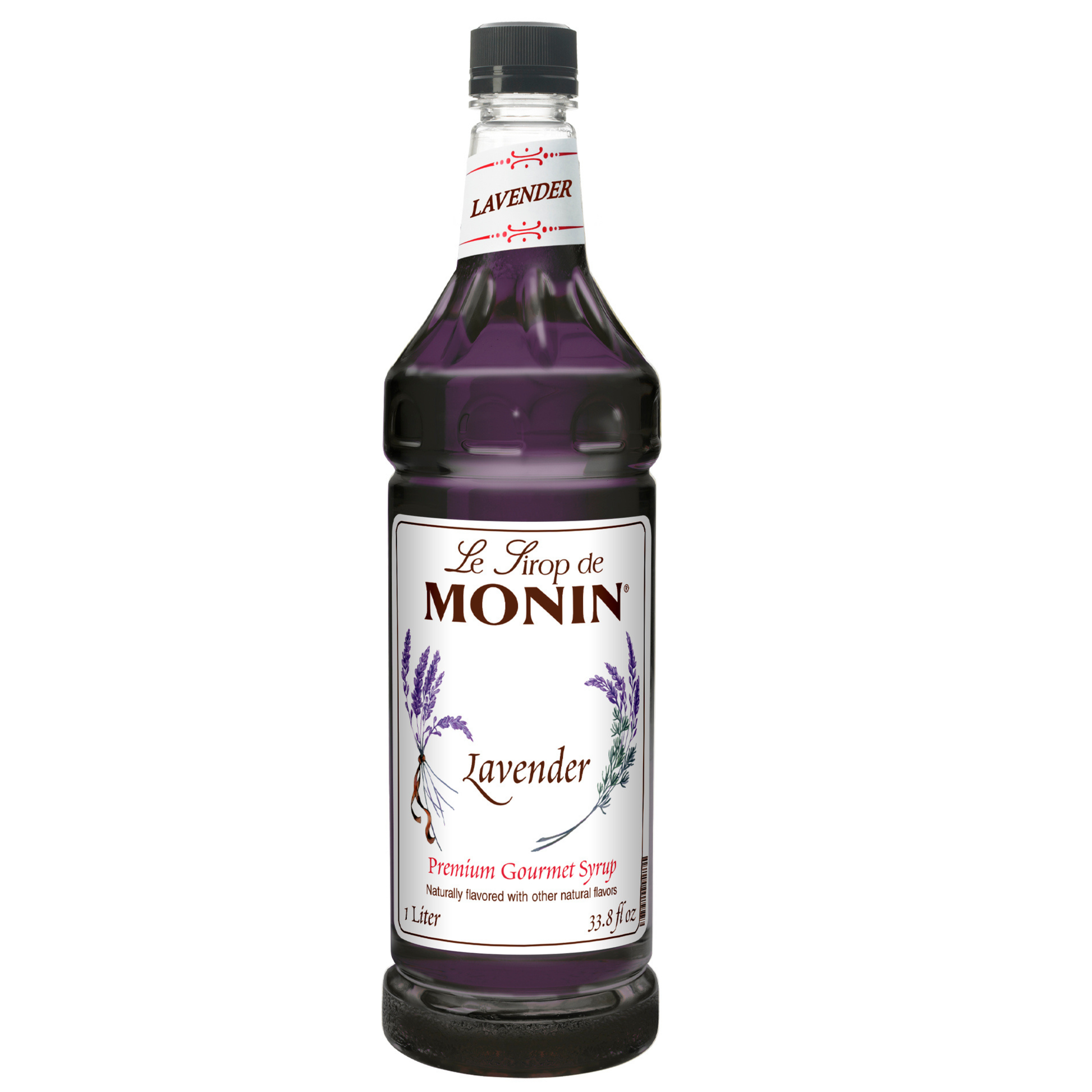 Monin lavender syrup bottle on a white background