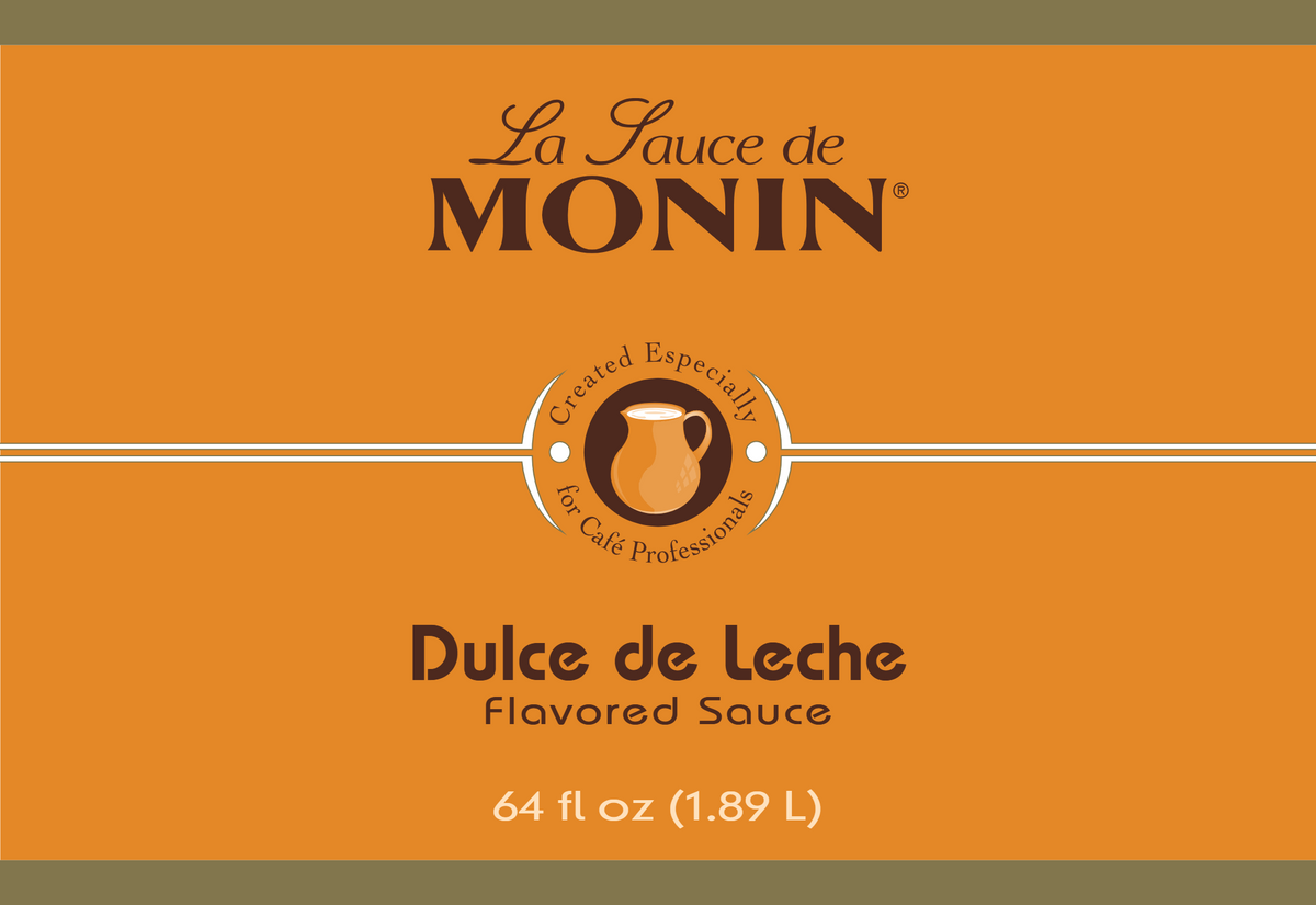 Label of Monin Dulce de Leche Sauce, showing the brand name and flavour. 