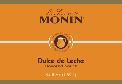 Label of Monin Dulce de Leche Sauce, showing the brand name and flavour. 