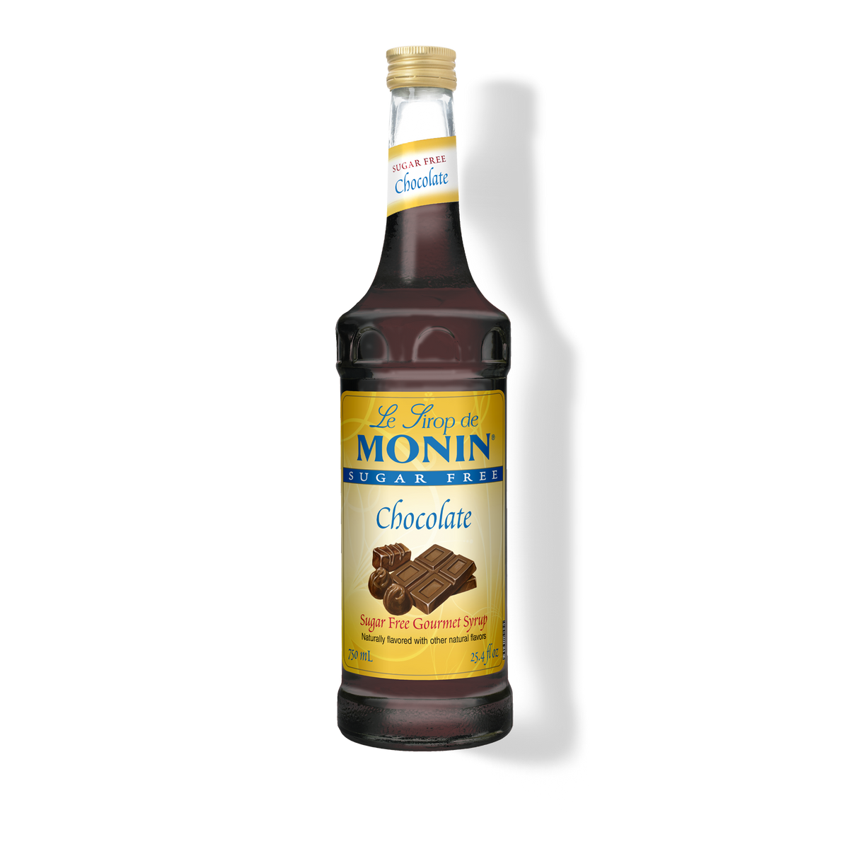A bottle of Monin Sugar Free Chocolate Syrup, with a label showing the brand name and the product name, placed against a plain background.