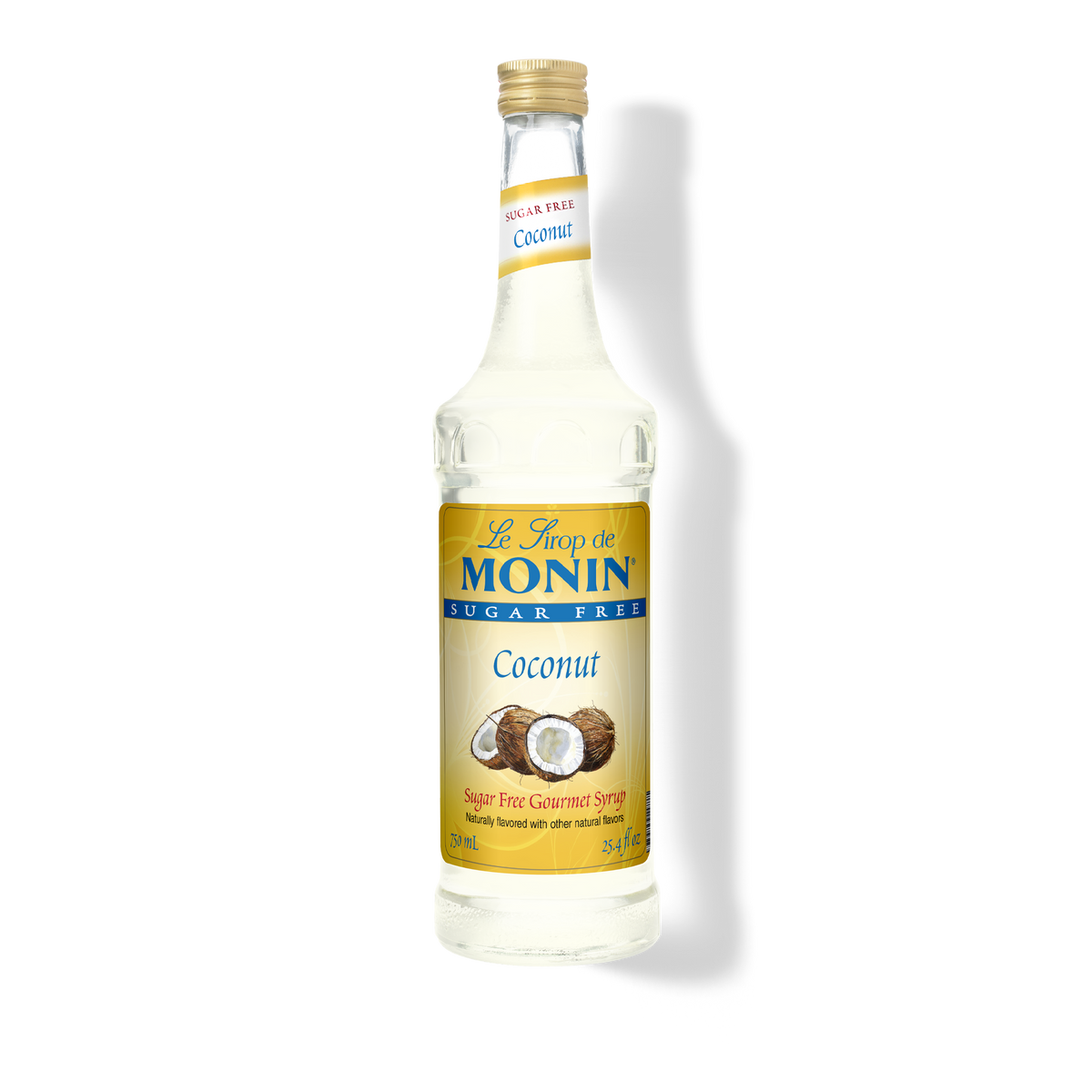 Bottle of Monin Sugar Free Coconut Syrup on a white background