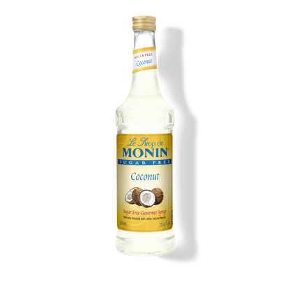 Bottle of Monin Sugar Free Coconut Syrup on a white background