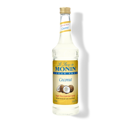 Bottle of Monin Sugar Free Coconut Syrup on a white background
