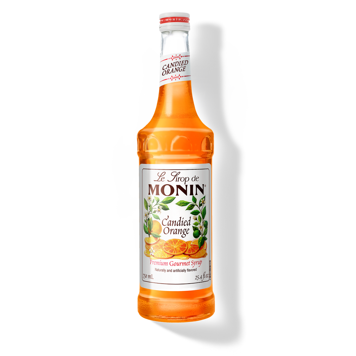 A 750mL-bottle of Monin Candied Orange Syrup with a label showing an orange slice and green leaves, indicating the flavor of the syrup.
