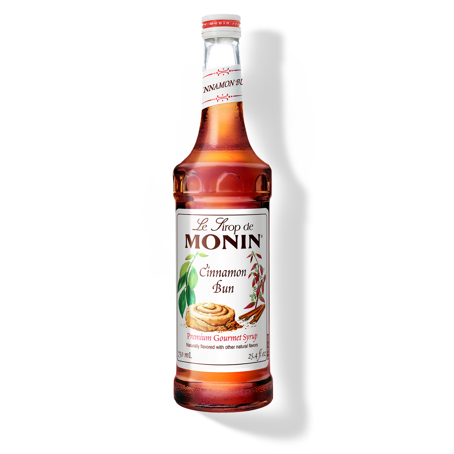 Bottle of Monin Cinnamon Bun syrup on a white background