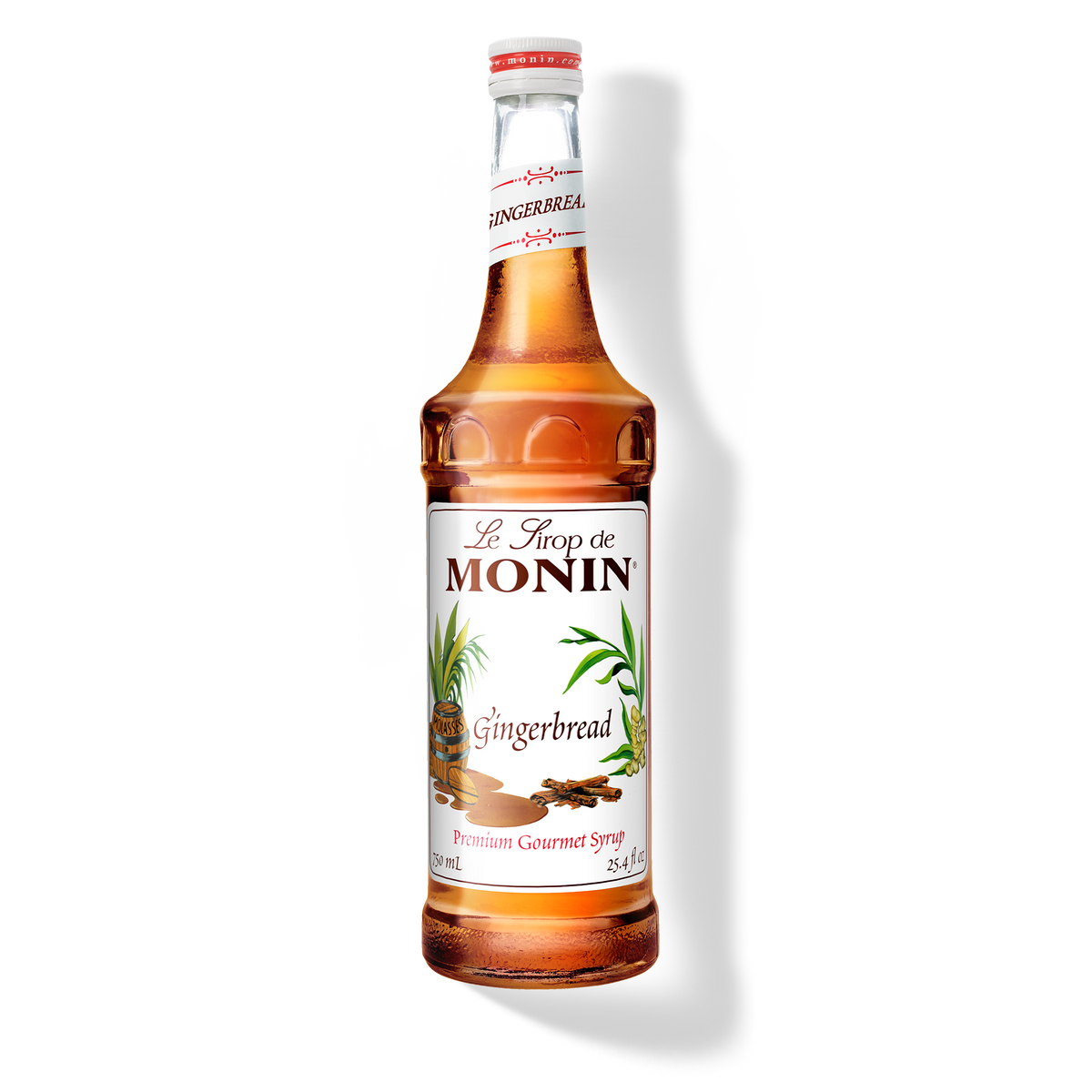 A bottle of Monin Gingerbread flavored syrup.