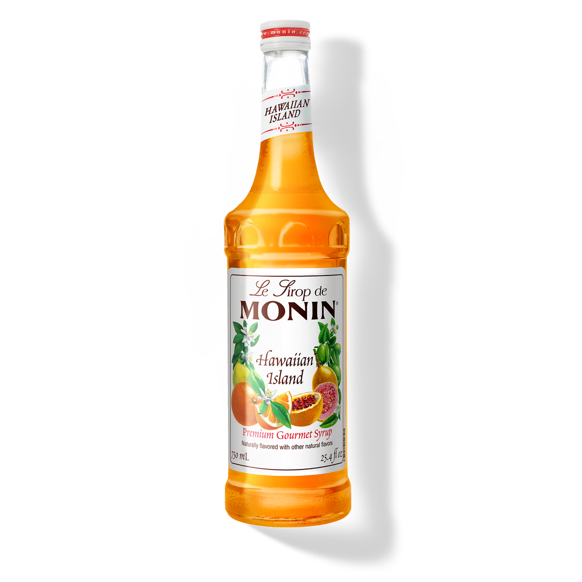 A bottle of Monin Hawaiian Island Syrup with a label showing the brand name and the flavor, placed against a white background.