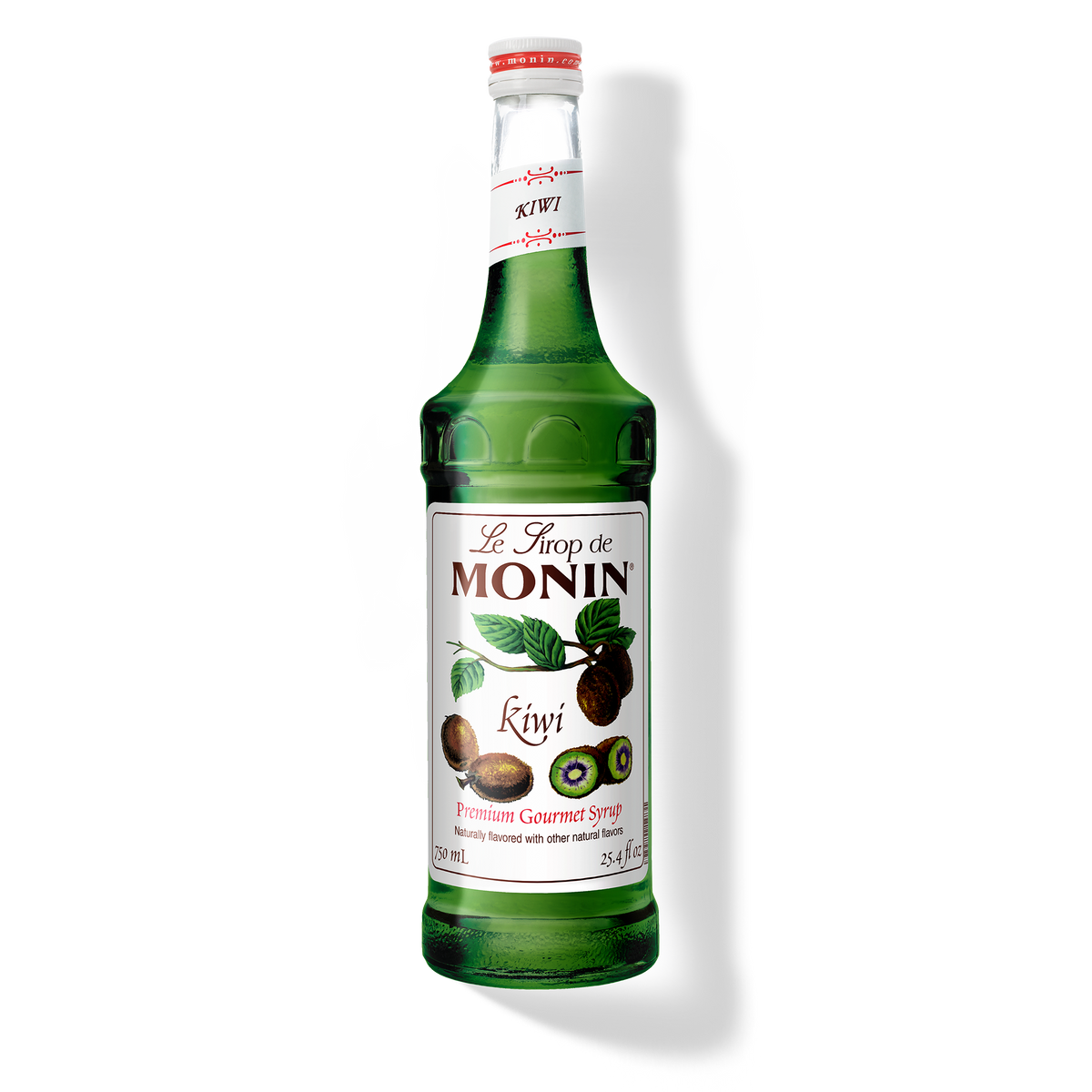 A 750mL-bottle of Monin Kiwi Syrup with a label showing the brand name and the flavor, placed against a white background.