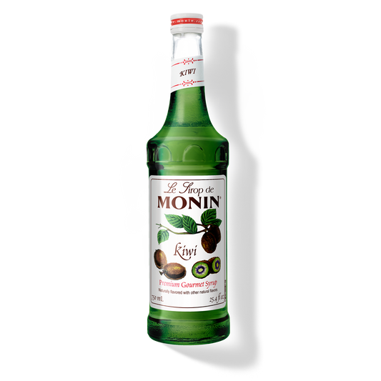 A 750mL-bottle of Monin Kiwi Syrup with a label showing the brand name and the flavor, placed against a white background.