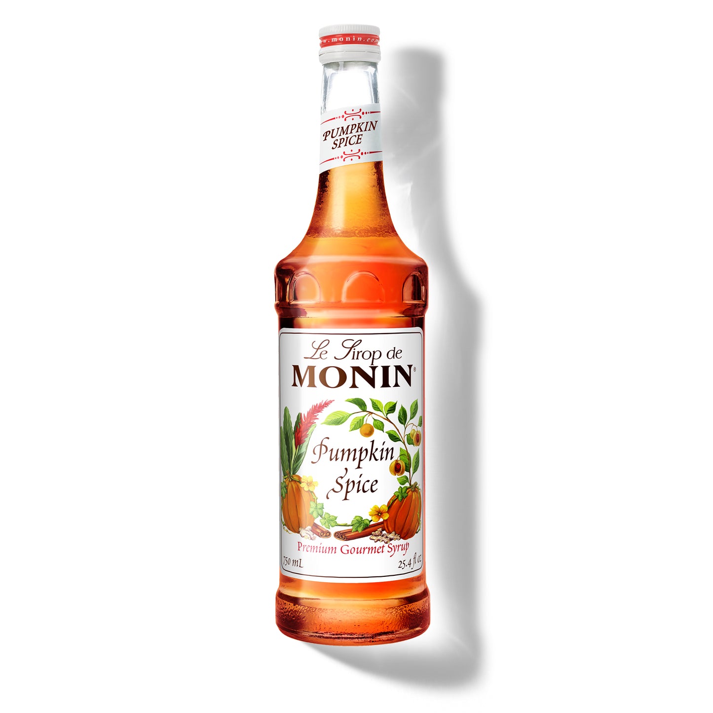 A bottle of Monin Pumpkin Spice Syrup with a label showing the brand name and the flavor, placed against a white background.
