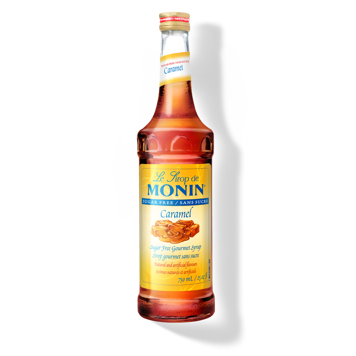 A bottle of Monin Sugar Free Caramel Syrup, with a label showing a piece of caramel candy.