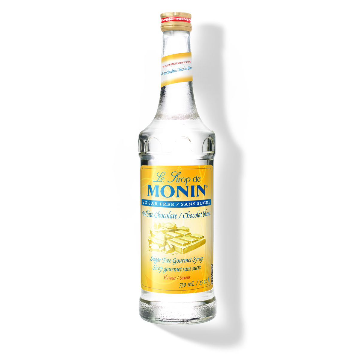 A bottle of Monin Sugar Free White Chocolate Syrup, with a label showing the brand name and the flavor, against a white background.