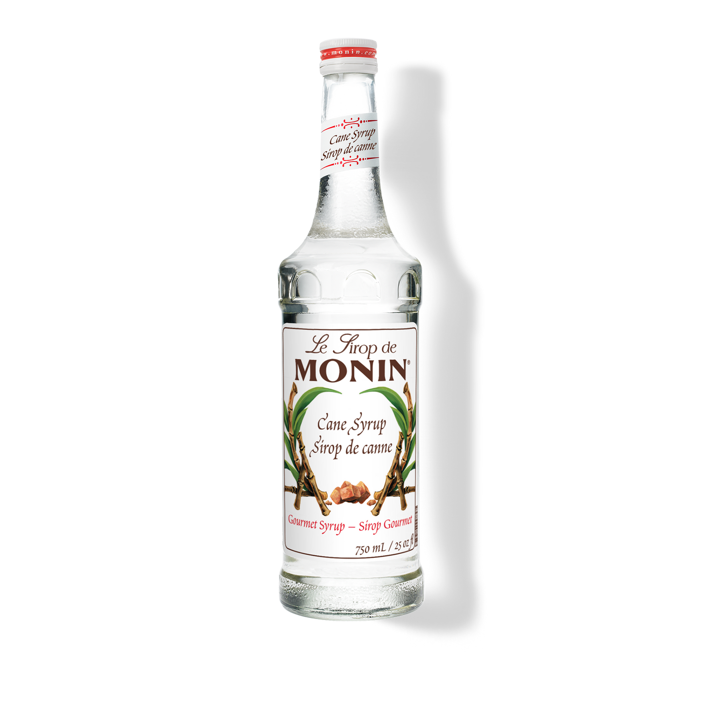 A 750mL-bottle of Monin Pure Cane Sugar Syrup with a label showing the brand name and the flavor, placed against a white background.