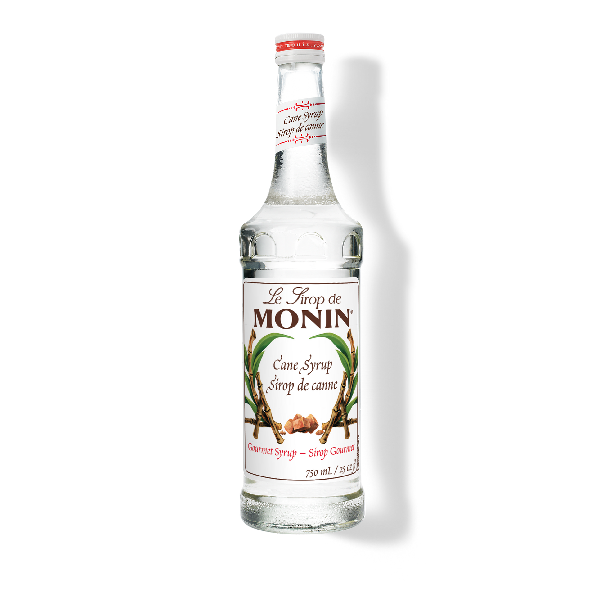 A 750mL-bottle of Monin Pure Cane Sugar Syrup with a label showing the brand name and the flavor, placed against a white background.
