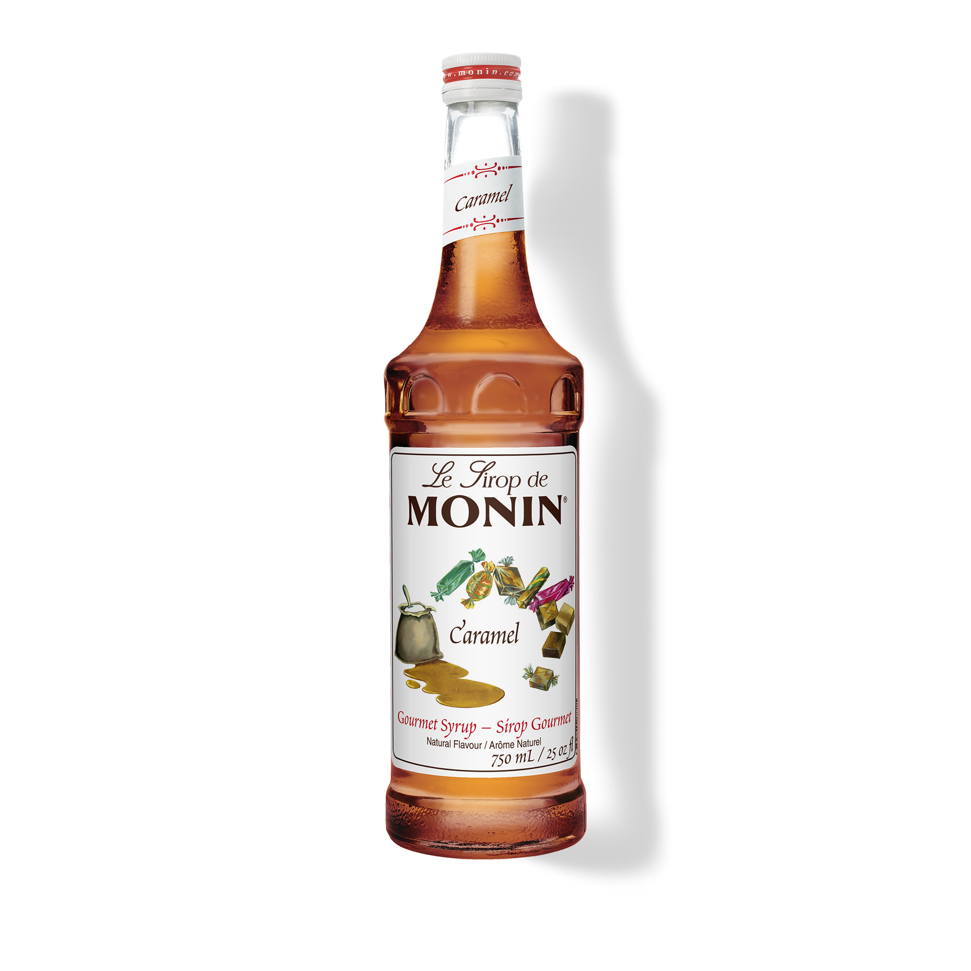 A bottle of Monin Caramel Syrup with the label displaying the product name and an image of a caramel candy.