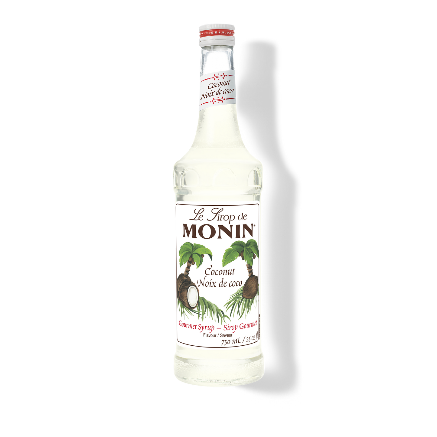 A bottle of Monin Coconut Syrup (Nôux de coco) on a white background with a soft shadow.