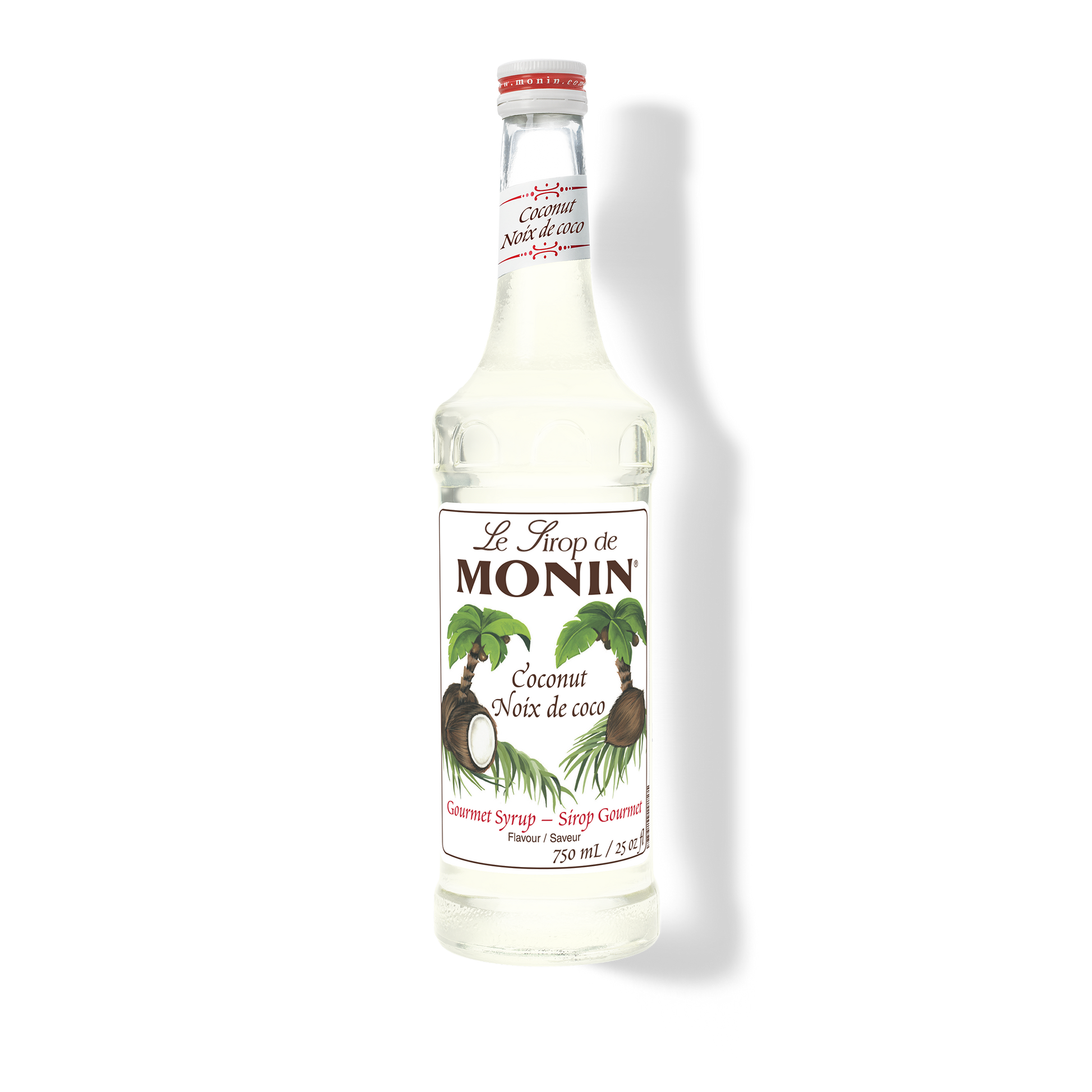 A bottle of Monin Coconut Syrup (Nôux de coco) on a white background with a soft shadow.