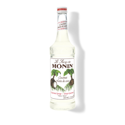 A bottle of Monin Coconut Syrup (Nôux de coco) on a white background with a soft shadow.