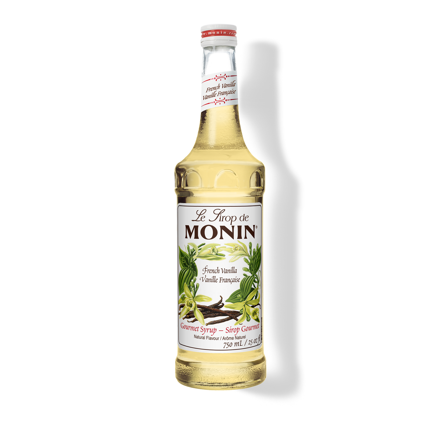 A bottle of Monin French Vanilla Syrup with a label showing the brand name and the flavor, placed against a white background.