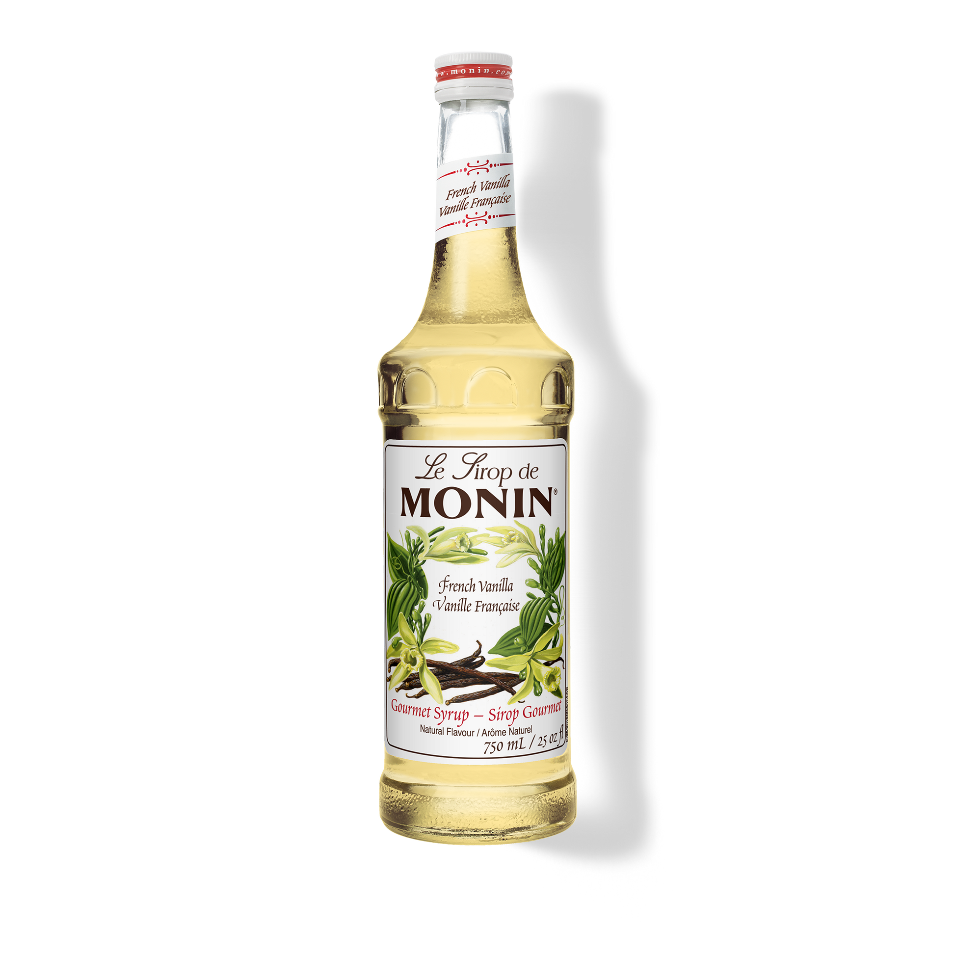 A bottle of Monin French Vanilla Syrup with a label showing the brand name and the flavor, placed against a white background.