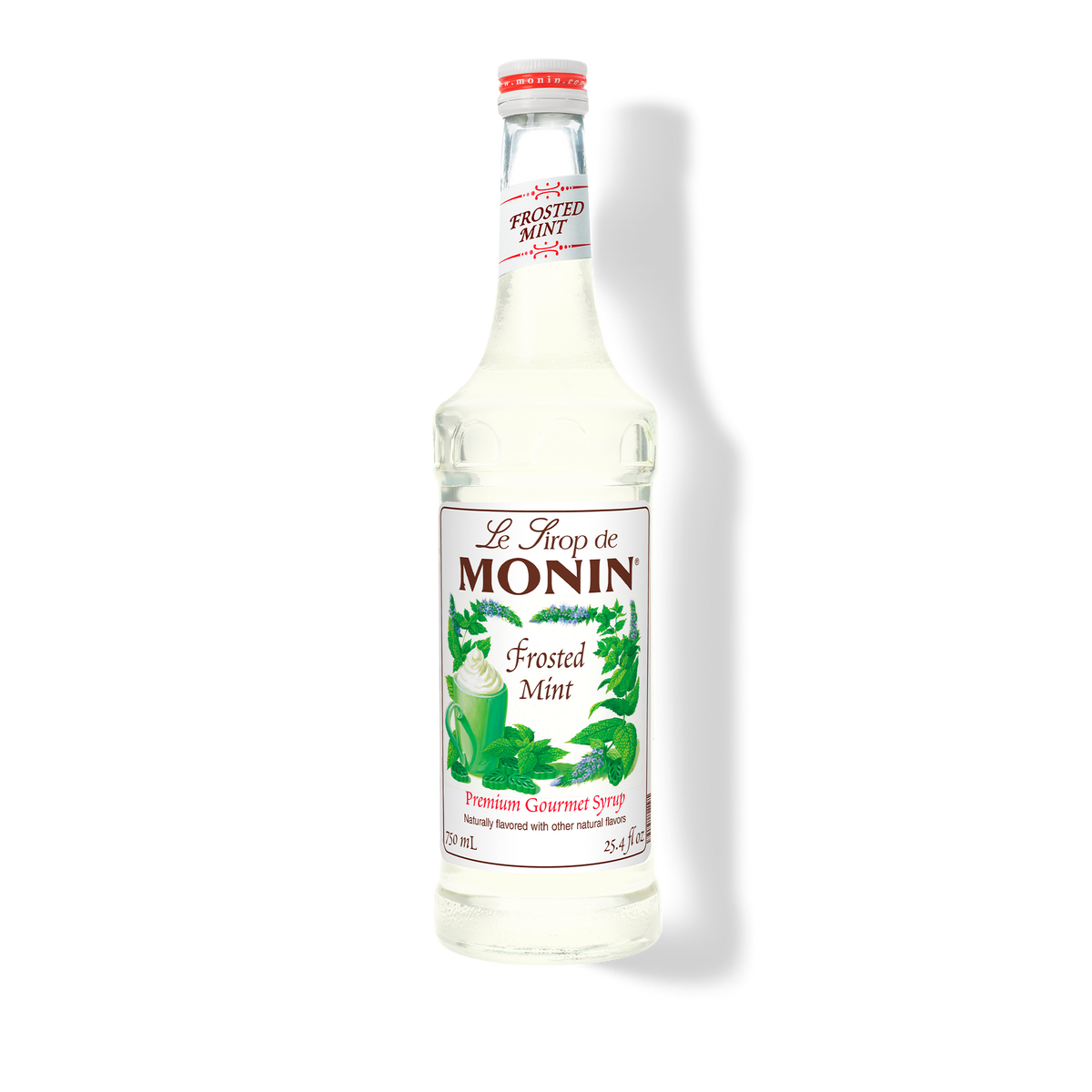 A bottle of Monin Frosted Mint Syrup with a label showing the brand name and the flavor, placed against a white background.