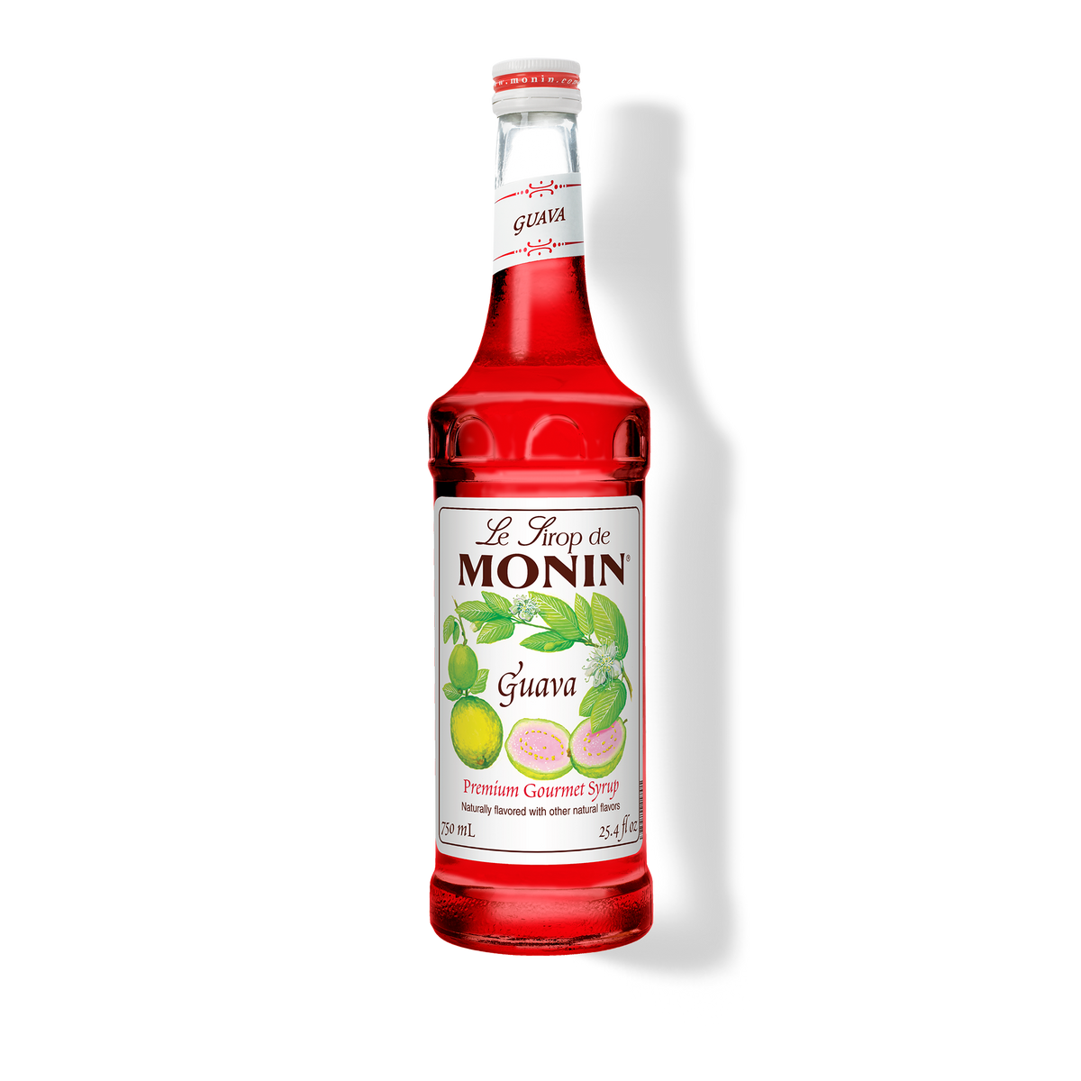 A bottle of Monin Guava Syrup with a label showing the brand name and the flavor, placed against a white background.