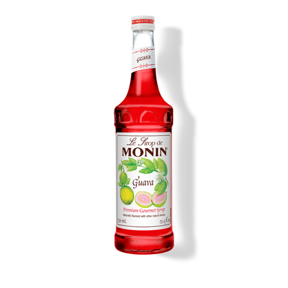 A bottle of Monin Guava Syrup with a label showing the brand name and the flavor, placed against a white background.