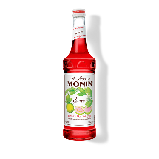 A bottle of Monin Guava Syrup with a label showing the brand name and the flavor, placed against a white background.