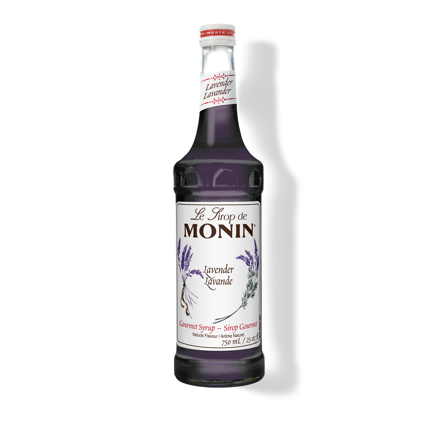 A bottle of Monin Lavender Syrup with a label showing the brand name and the flavor, placed against a white background.