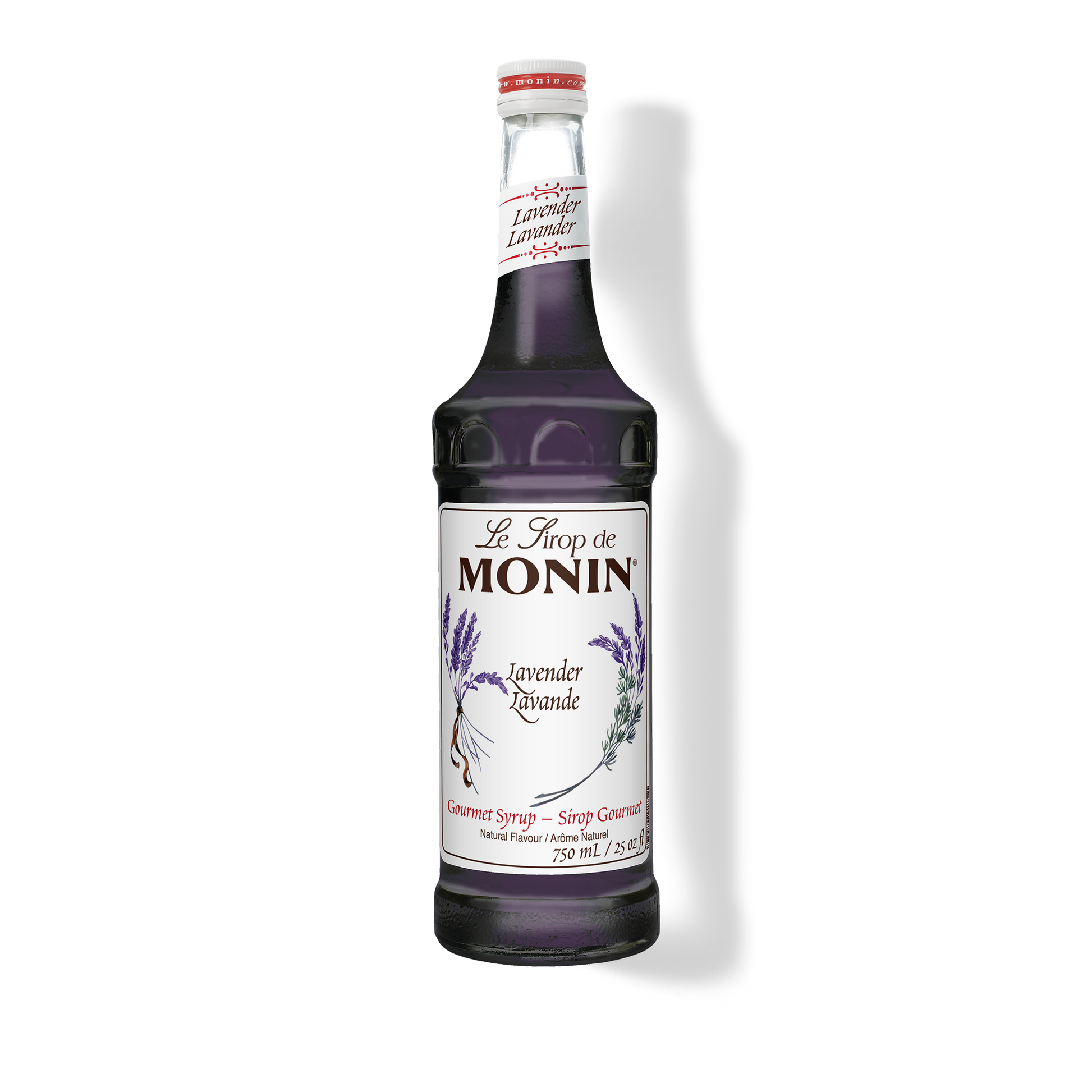 A bottle of Monin Lavender Syrup with a label showing the brand name and the flavor, placed against a white background.