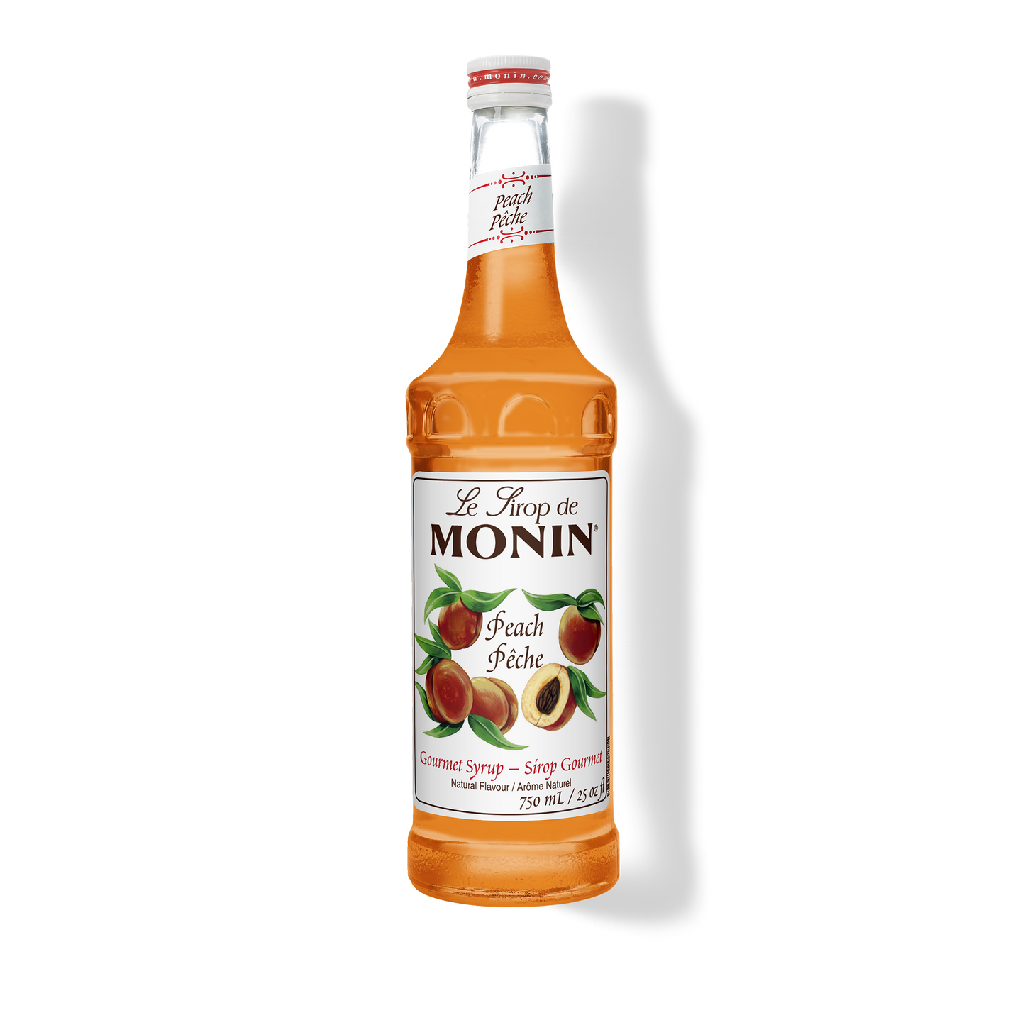 A bottle of Monin Peach (Peche) syrup, filled with orange-amber liquid, on a white background with a soft shadow.