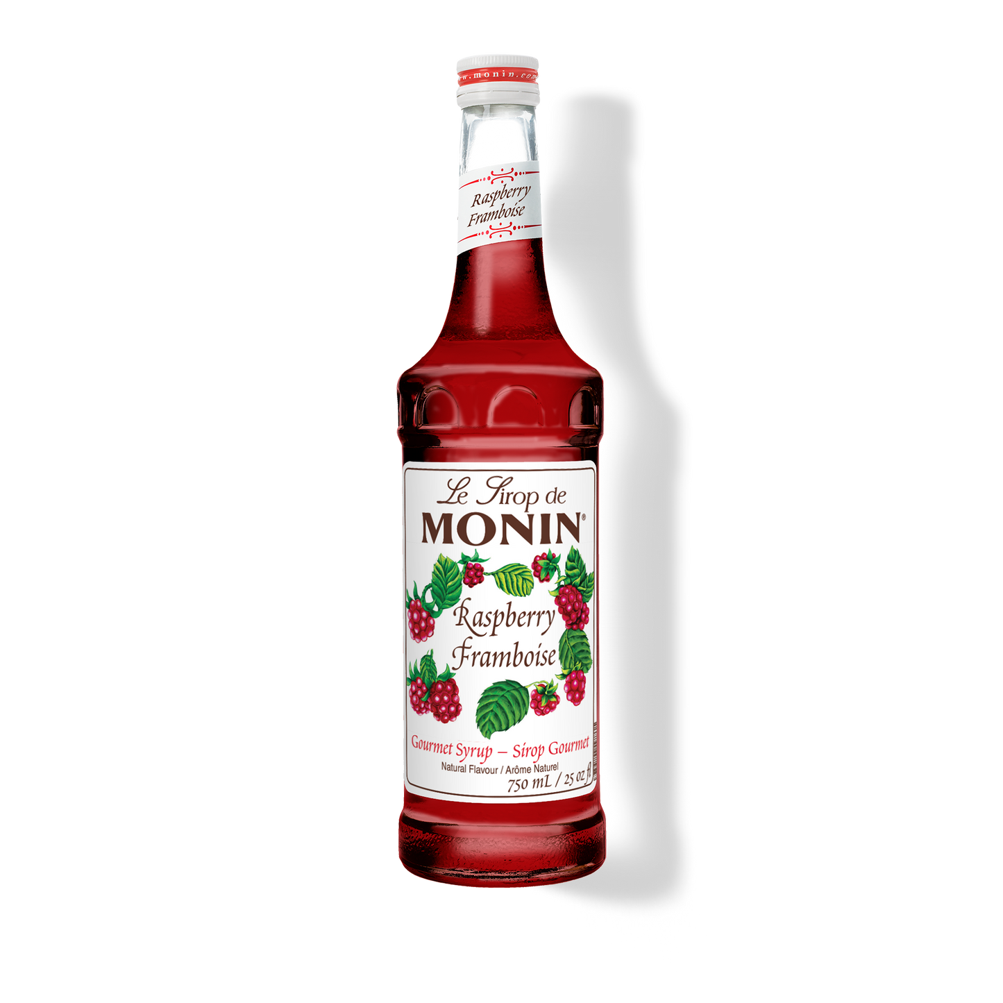 A 750mL-bottle of Monin Raspberry Syrup with a label showing the brand name and the flavor, placed against a white background.
