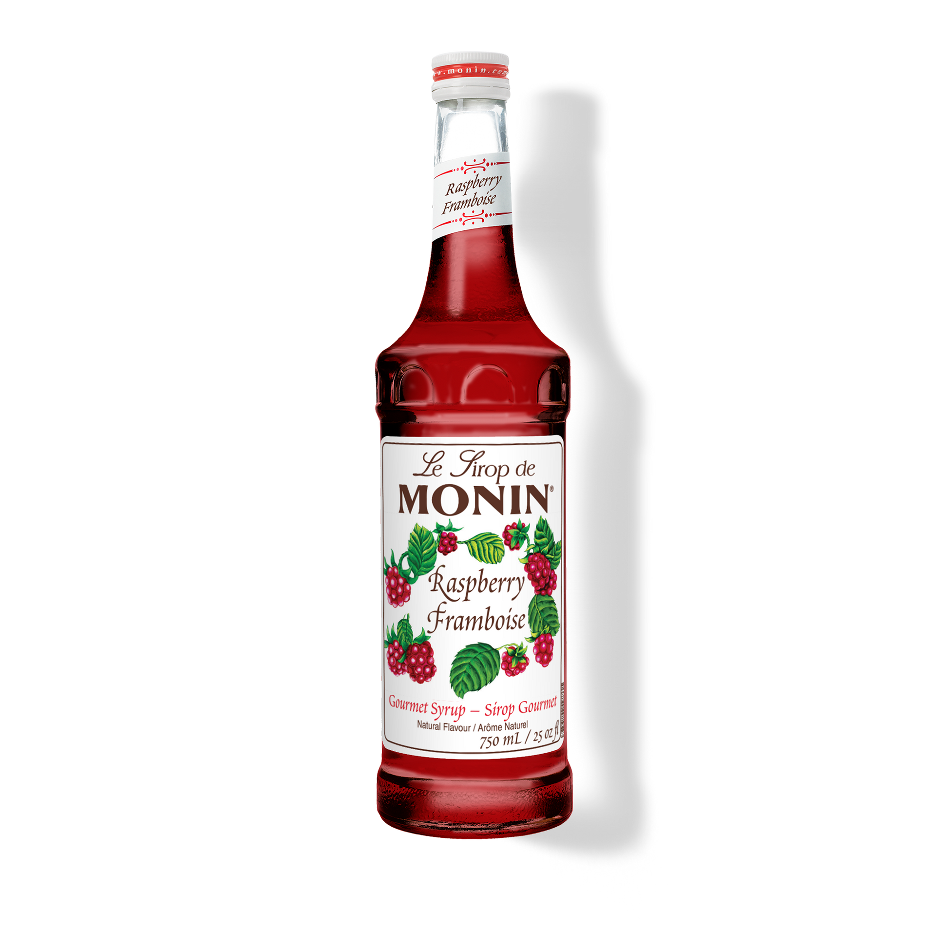 A 750mL-bottle of Monin Raspberry Syrup with a label showing the brand name and the flavor, placed against a white background.