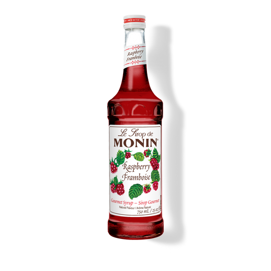 A 750mL-bottle of Monin Raspberry Syrup with a label showing the brand name and the flavor, placed against a white background.