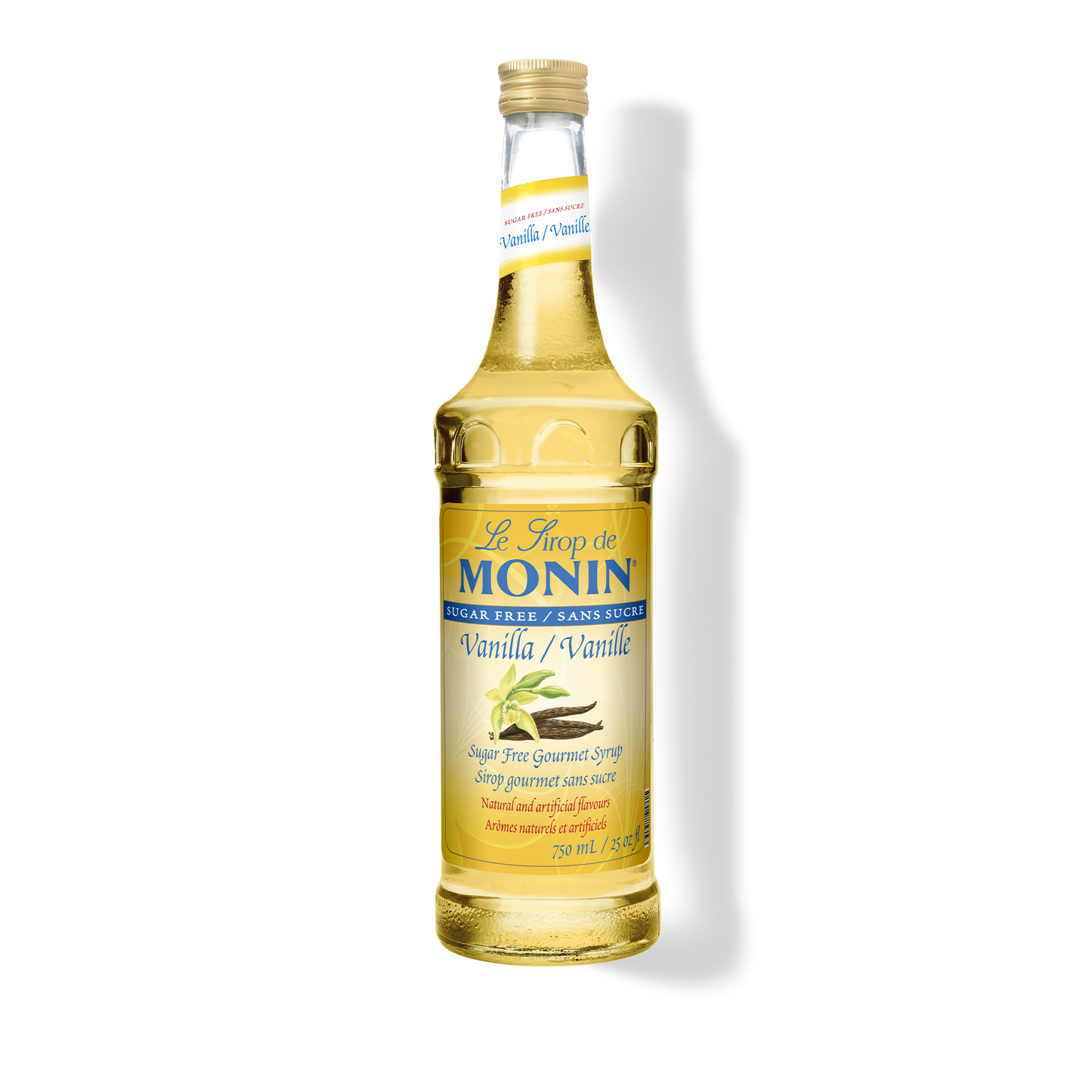 A 750mL-bottle of Monin Sugar Free Vanilla Syrup with a label showing the brand name and the flavor, placed against a white background.
