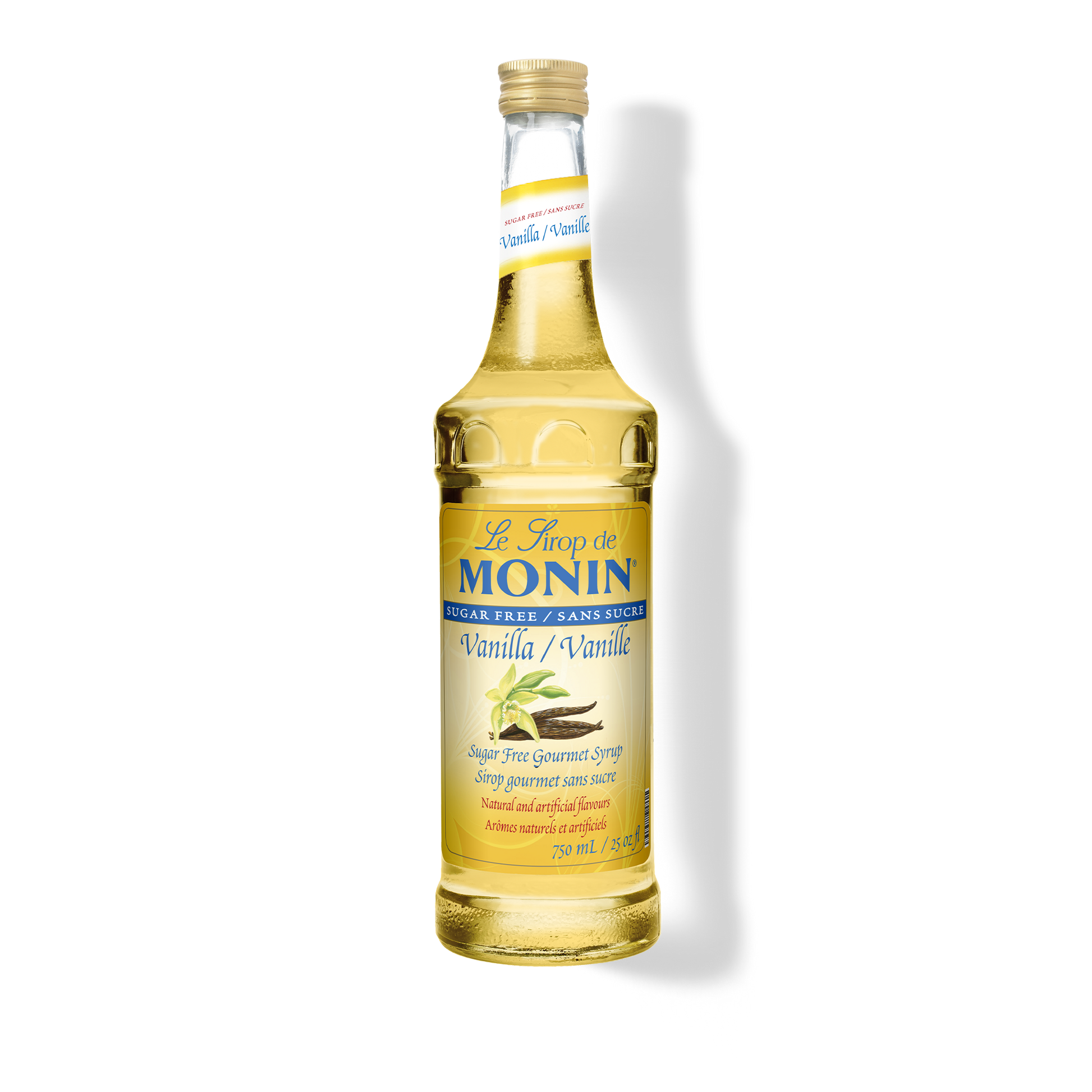 A 750mL-bottle of Monin Sugar Free Vanilla Syrup with a label showing the brand name and the flavor, placed against a white background.