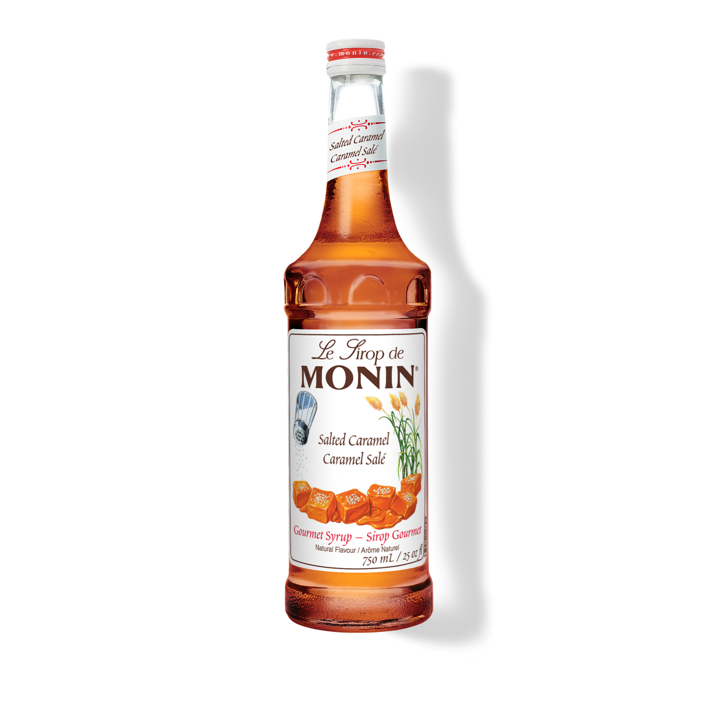 A 750mL-bottle of Monin Salted Caramel Syrup with a label showing the brand name and the flavor, placed against a white background.