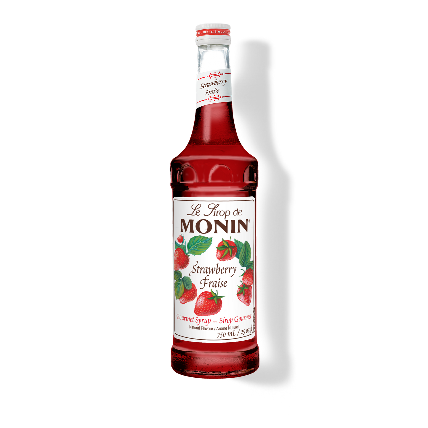 A 750mL-bottle of Monin Strawberry Syrup with a label showing the brand name and the flavor, placed against a white background.
