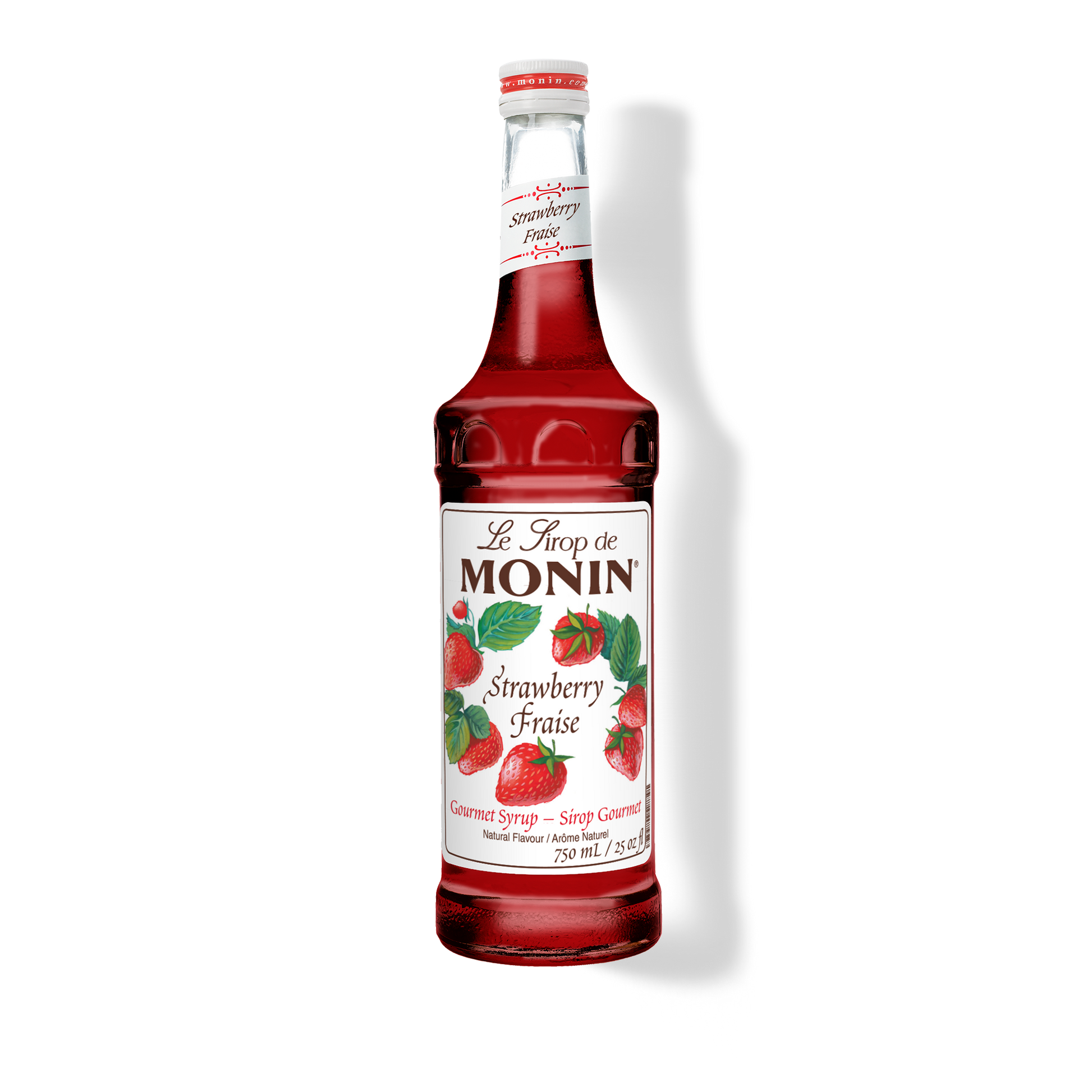 A 750mL-bottle of Monin Strawberry Syrup with a label showing the brand name and the flavor, placed against a white background.