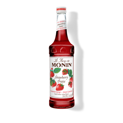 A 750mL-bottle of Monin Strawberry Syrup with a label showing the brand name and the flavor, placed against a white background.