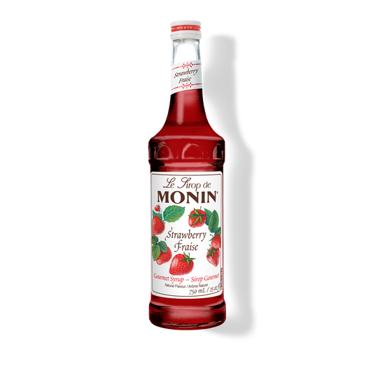 A 750mL-bottle of Monin Strawberry Syrup with a label showing the brand name and the flavor, placed against a white background.